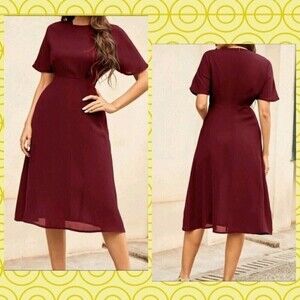 𝅺women Solid Zipper Back A-line Dress Burgundy